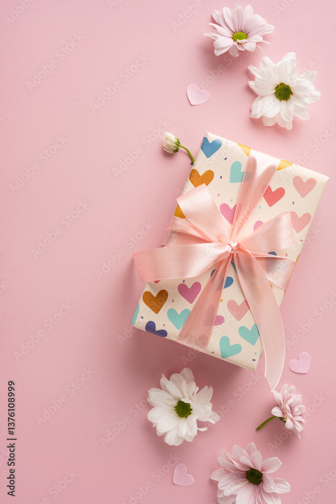 Gift box wrapped in heart-patterned vertical paper with a ribbon, surrounded by white flowers Gift box wrapped in heart-patterned vertical paper with a ribbon, surrounded by white flowers