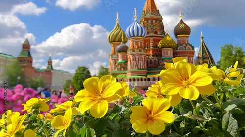 Vibrant Yellow Flowers in Front of Colorful Saint Basil's Cathedral Under a Blue Sky in Moscow
