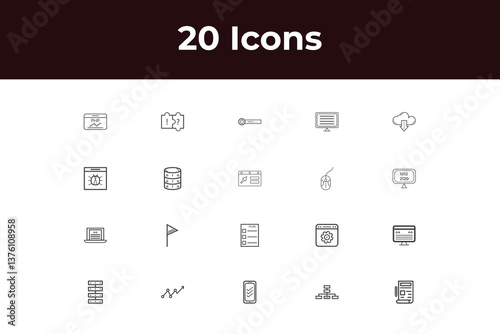 Web development set of web icons in line style. Developer icons for web and mobile app. Code, api, app, flow, web coder, bug fix and more. Vector illustration