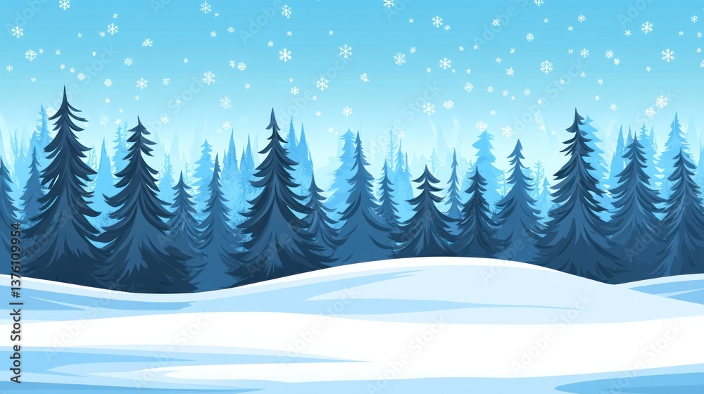 Snowy winter landscape with a forest of evergreen trees under a light snowfall. Snowy winter landscape with a forest of evergreen trees under a light snowfall.