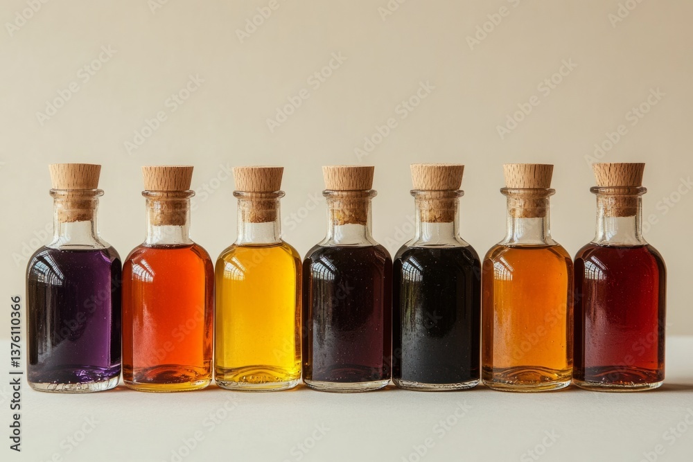 Seven small glass bottles filled with colorful liquids, possibly oils or extracts, are lined up against a neutral background, creating an appealing visual Seven small glass bottles filled with colorful liquids, possibly oils or extracts, are lined up against a neutral background, creating an appealing visual