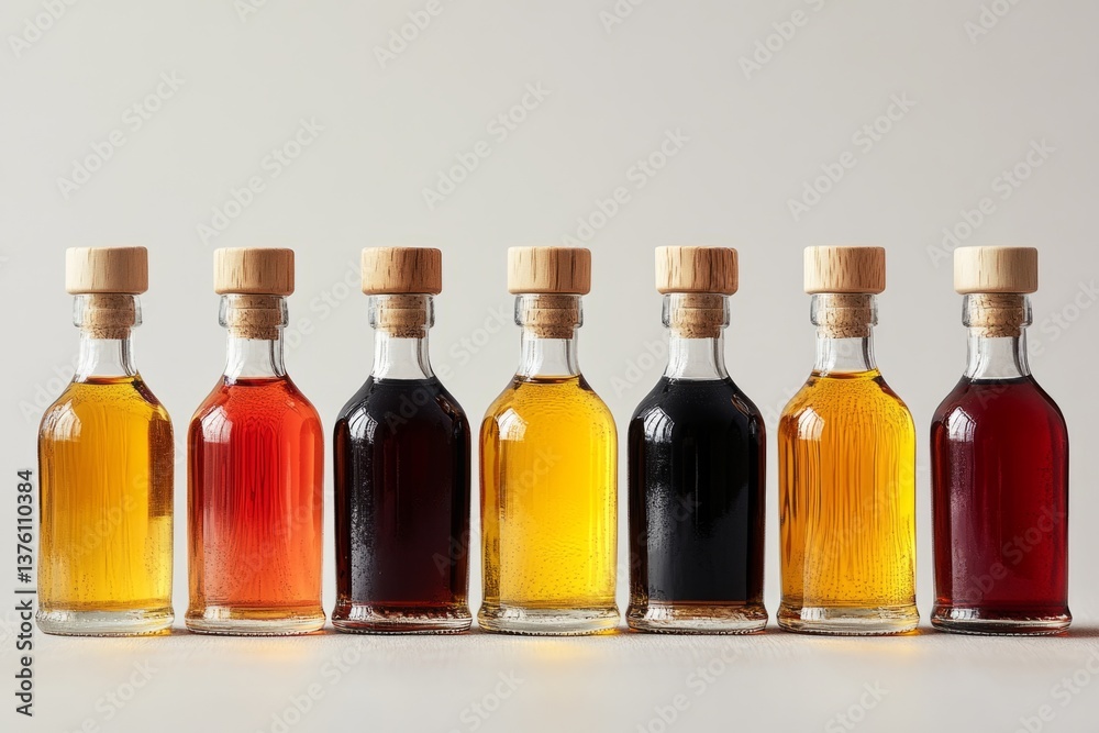 Seven small glass bottles filled with different colored liquids, showcasing the diverse range of whiskey varieties Seven small glass bottles filled with different colored liquids, showcasing the diverse range of whiskey varieties