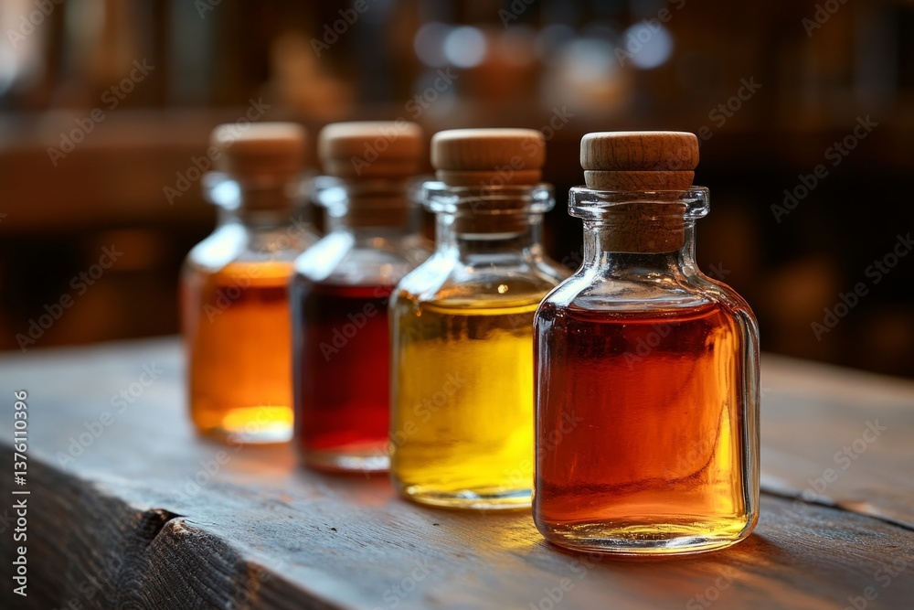 Four small glass bottles with cork lids containing colorful liquids are lined up on a wooden table, creating a vibrant display Four small glass bottles with cork lids containing colorful liquids are lined up on a wooden table, creating a vibrant display