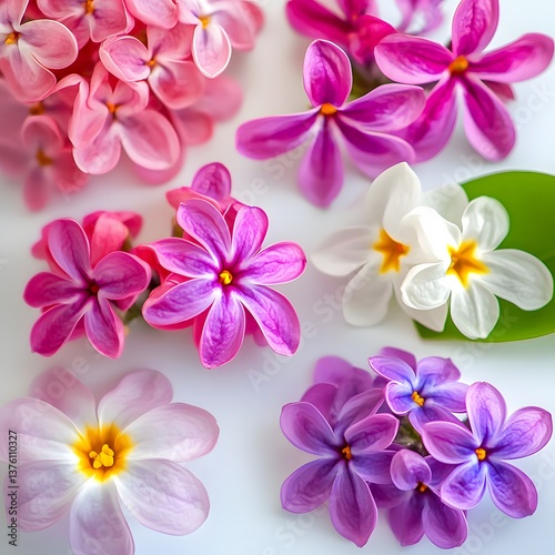 Vibrant Arrangement of Colorful Spring Flowers in Various Shades of Pink and Purple on White Background