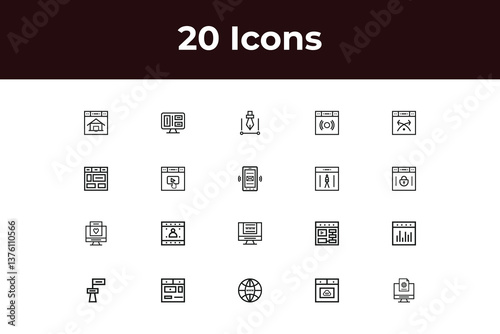 Web development set of web icons in line style. Developer icons for web and mobile app. Code, api, app, flow, web coder, bug fix and more. Vector illustration