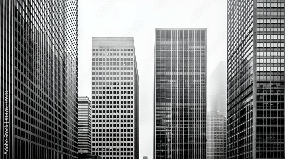 Silhouettes of modern skyscrapers fade in and out of a thick layer of fog, offering a mysterious charm to the urban landscape. Silhouettes of modern skyscrapers fade in and out of a thick layer of fog, offering a mysterious charm to the urban landscape.