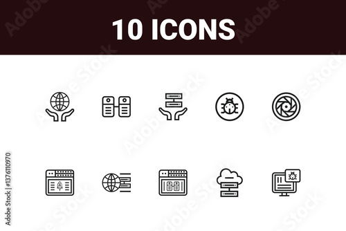Web development set of web icons in line style. Developer icons for web and mobile app. Code, api, app, flow, web coder, bug fix and more. Vector illustration