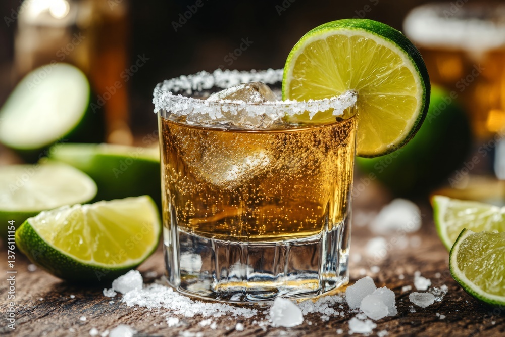 Refreshing tequila shot served with ice, lime wedge, and salt on a rustic wood table, creating an inviting and authentic atmosphere Refreshing tequila shot served with ice, lime wedge, and salt on a rustic wood table, creating an inviting and authentic atmosphere