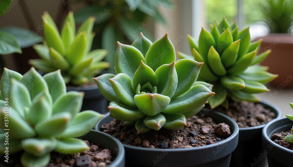 Fototapeta premium Succulent plants thriving in pots against a bright window background 