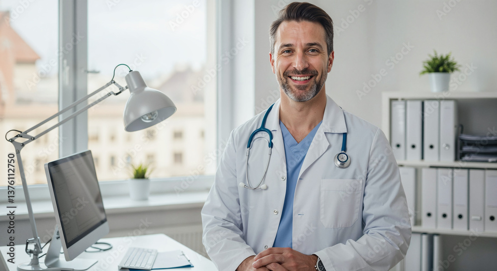 Happy mature doctor with stethoscope in professional office setting with white furniture and files