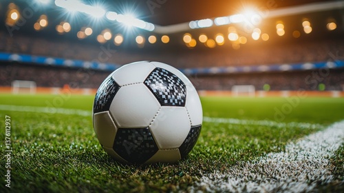 Detailed view of a soccer ball on the green grass of a brightly lit stadium