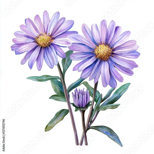 Beautiful Purple Flowers with Green Leaves in Watercolor Style