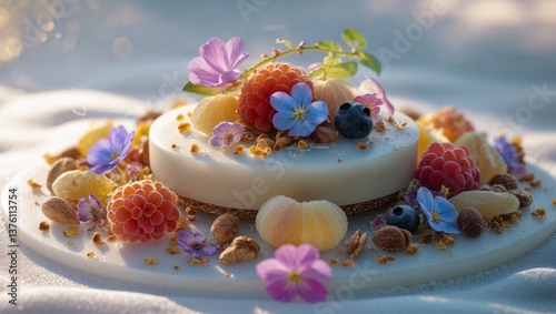 Exquisite raw vegan dessert featuring a wholesome combination of natural ingredients on a pristine white surface. photo