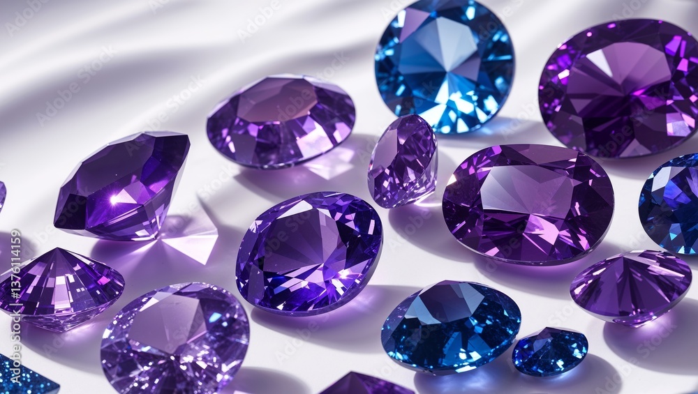 Glimmering bunch of purple and blue gems showcasing rich colors and unique textures in a stunning display Glimmering bunch of purple and blue gems showcasing rich colors and unique textures in a stunning display