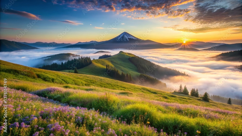 Fototapeta premium Serene Sunrise Over Rolling Hills and Misty Valley with a Majestic Snow-Capped Peak in the Distance