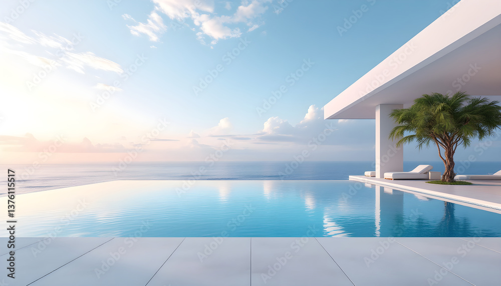 Obraz premium Minimalist design hotel resort. Modern luxury villa wit infinity pool overlooking calm ocean. Relaxing tropical getaway. Luxurious Summer vacation, travel concept, leisure lifestyle