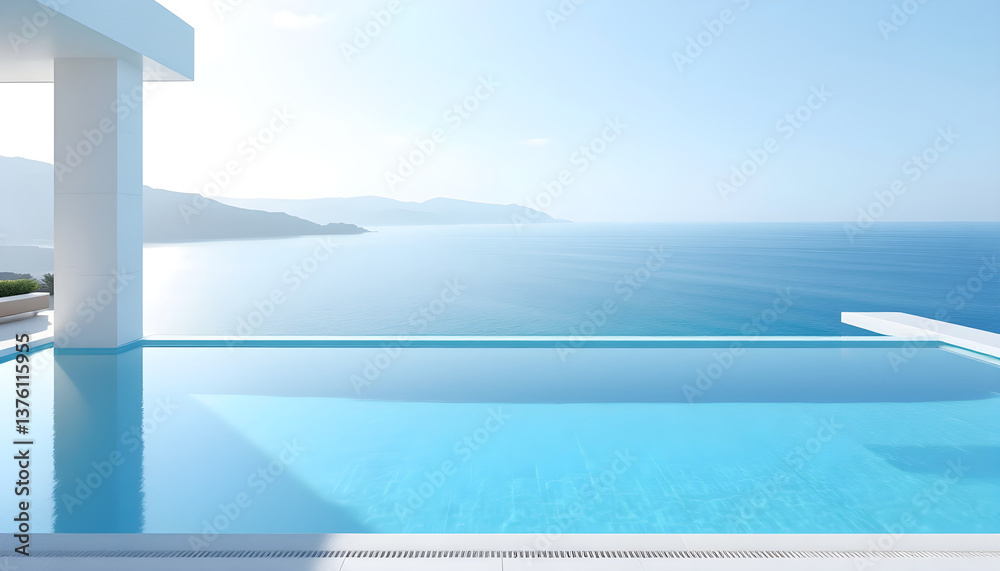 Fototapeta premium Minimalist design hotel resort. Modern luxury villa wit infinity pool overlooking calm ocean. Relaxing tropical getaway. Luxurious Summer vacation, travel concept, leisure lifestyle
