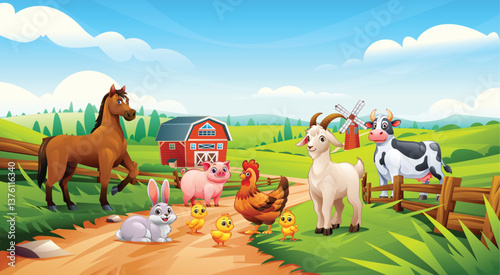 Group of farm animals including a horse, pig, goat, cow, rabbit, hen, and chicks in a green field. Vector cartoon illustration