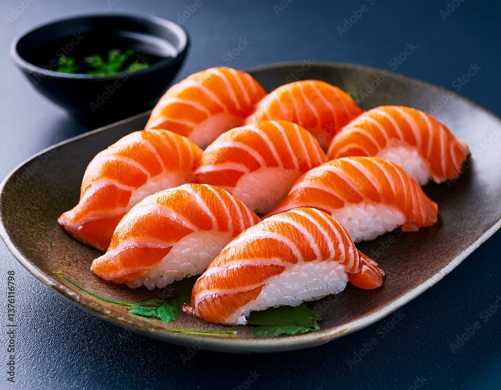 Japanese Fresh Salmon Sushi arrange in a plate Japanese Fresh Salmon Sushi arrange in a plate