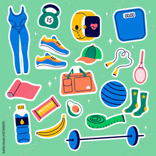 Collection stickers of fitness gym inventory elements, sport equipment. Healthy lifestyle concept.