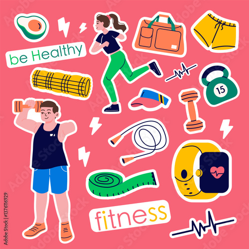 Stickers of fitness gym inventory, equipment elements, people doing sports. Man and woman with amputee, inclusivity. Healthy lifestyle