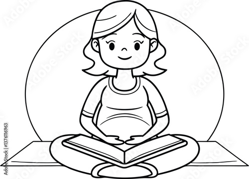 Cartoon pregnant woman reads book on yoga mat, outlined with transparent background