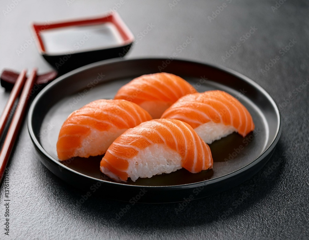 Japanese Fresh Salmon Sushi arrange in a plate Japanese Fresh Salmon Sushi arrange in a plate