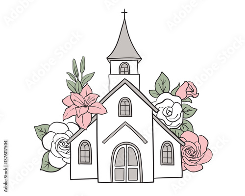 Illustration of church building. Protestant Catholic temple with decorative decoration flowers, roses. Line illustration, line, outline