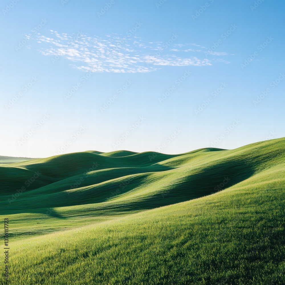 Obraz premium A panoramic view of a grassy hill, the light filtering through the blades of grass, creating subtle shadows that enhance the natural texture of the field, with the blue sky stretching far and wide