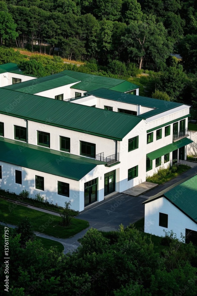 aerial view of a large white building with green roof and a parking lot aerial view of a large white building with green roof and a parking lot