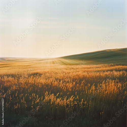 A large field with the sun casting long shadows of tall grass, the light filtering through the gaps in the blades, creating a natural glow over the scene and a contrast against the crisp blue sky