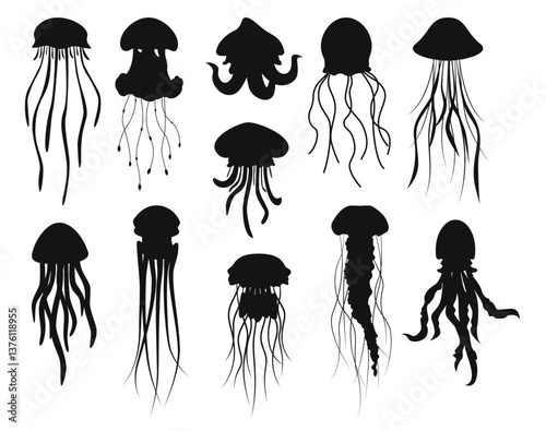 Sea jellyfish black silhouettes. Marine medusa. Underwater animals. Poisonous aquatic tentacles. Ocean plankton swimming. Jelly fish. Natural fauna. Vector undersea inhabitants set