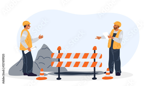 Road maintenance workers discuss construction project. Builders in uniform. Contractor and foreman talking about architecture blueprint draft. Engineers communication. Vector concept