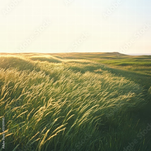 A wide view of a field of tall grass on a windy day, the movement of the grass bending realistically in the wind while the sunlight highlights the texture of each blade, and the clear sky adds depth