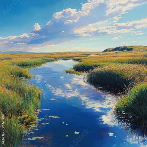 A wide, flat field with a small pond reflecting the blue sky, surrounded by tall, soft grasses. The sun creates ripples on the water and highlights the fine details of the grass and water's surface
