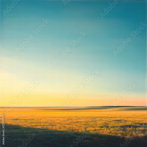 A large, flat field at sunrise, with the first light of the day casting a soft golden hue over the grass, and the vast blue sky above offering a clear, bright backdrop