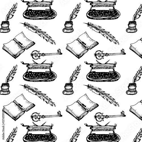 Pattern con elementi vintage, oggetti da scrittore disegnati a mano in bianco e nero isolati
