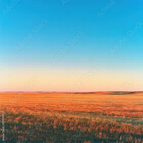 A large, flat field at sunrise, with the first light of the day casting a soft golden hue over the grass, and the vast blue sky above offering a clear, bright backdrop