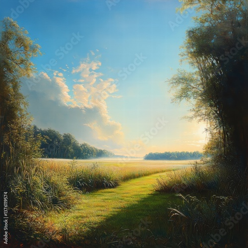A distant view of a field at the edge of a forest, where the tall grasses and trees meet, with the sunlight casting soft, realistic shadows through the open space, and the sky filling the scene