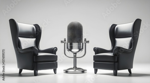 a microphone standing between two black armchairs, concept of podcast interview with guest speaker