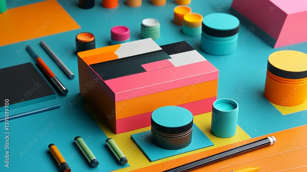 Colorful geometric shapes and stationery items arranged artistically on a vibrant surface Colorful geometric shapes and stationery items arranged artistically on a vibrant surface