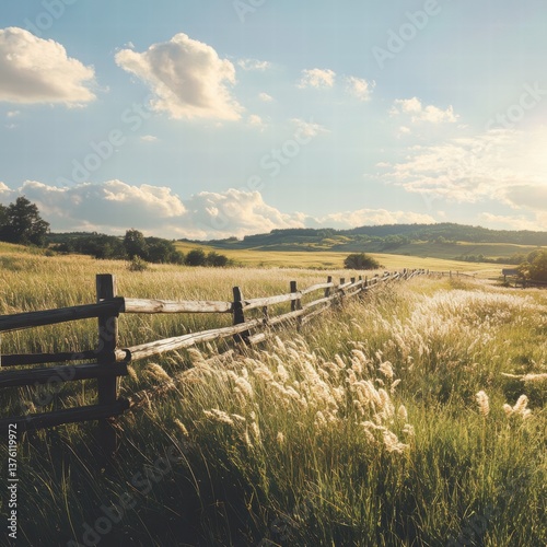 A large meadow with dense grasses and an old wooden fence, the grass flowing gently in the breeze and the sky providing a realistic contrast with the light on the fence and surrounding plants