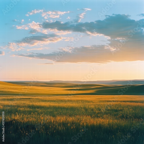 A wide shot of a vast prairie with the light shifting from golden to soft evening tones, the expansive field catching every ray of sunlight as the sky transitions into dusk, creating a peaceful,