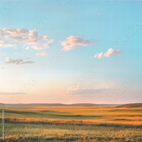 A wide shot of a vast prairie with the light shifting from golden to soft evening tones, the expansive field catching every ray of sunlight as the sky transitions into dusk, creating a peaceful,