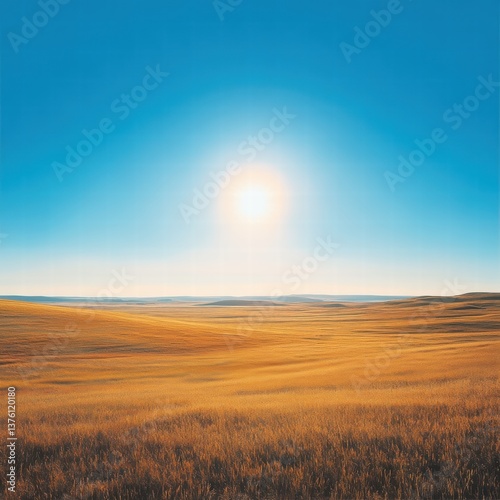 A vast field of golden grass stretching to the horizon, with the sun hanging high in a clear, cloudless blue sky, casting soft, natural light across the landscape