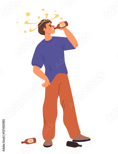 Man drinks alcohol. Addicted person. Drunk guy with dizziness and hangover. Alcoholism and addiction. Alcoholic beverage. Unhealthy habit. Confused drunkard. Vector drunkenness concept
