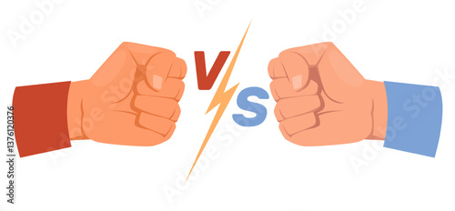 Human to human conflict. Struggle two people. Confrontation and rivalry. Hands hit. VS challenge. Boxing competition. Arms punch. Businessmen fight of strength. Fists clash. Vector concept