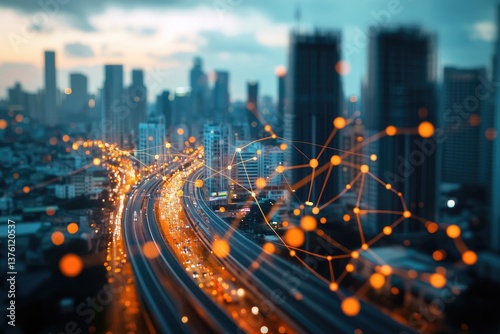 futuristic cityscape with glowing network connections