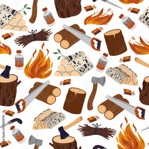 Cooking fire seamless pattern. Firewood and logs. Axe for wood chopping. Wooden branches sawing. Brushwood for burning. Matches and flammable liquid. Repeated print. Vector background