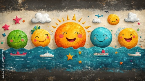 Fotografie Happy sun and planet characters on ocean mural